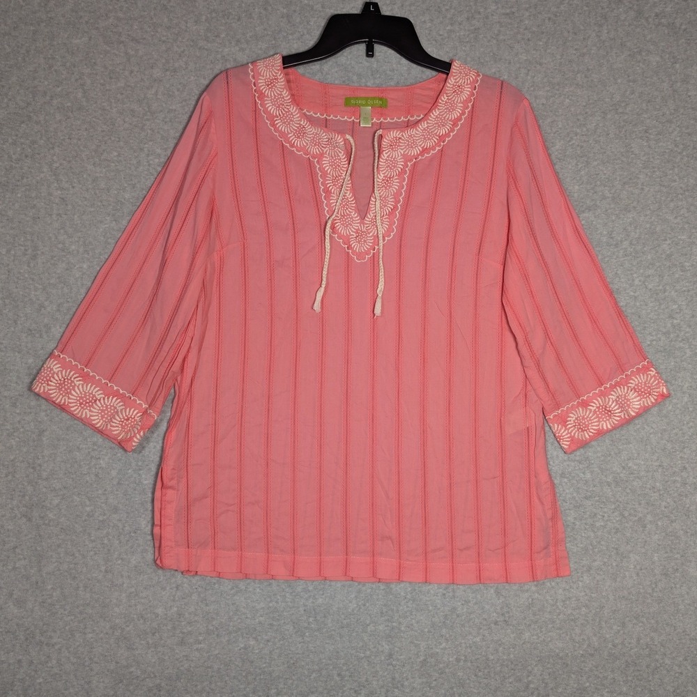 Sigrid Olsen Tunic Blouse Women Large Pink Embroidered Split Neck Cotton Coastal